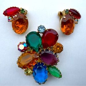 Vintage Rhinestone Brooch & Clip-on Earrings Set-Fruit Salad colors
